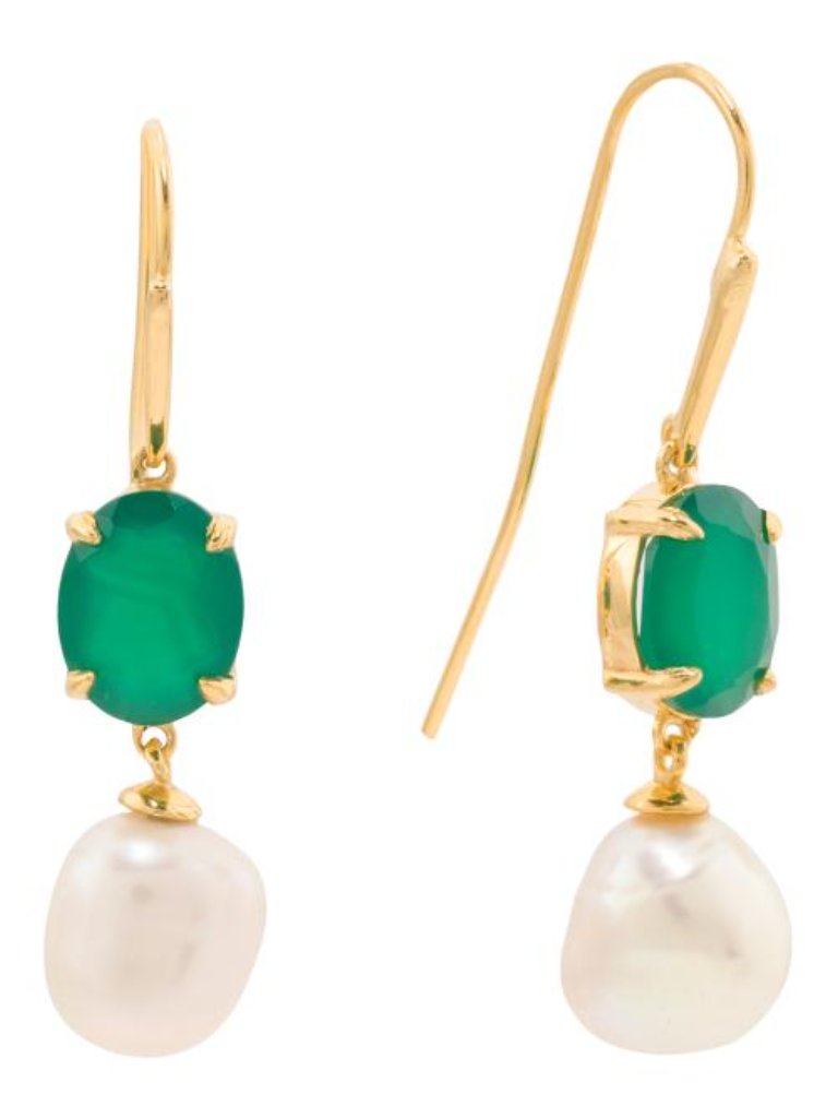 Shivam Made In India 14kt Plated Pearl And Green Onyx Drop Earrings